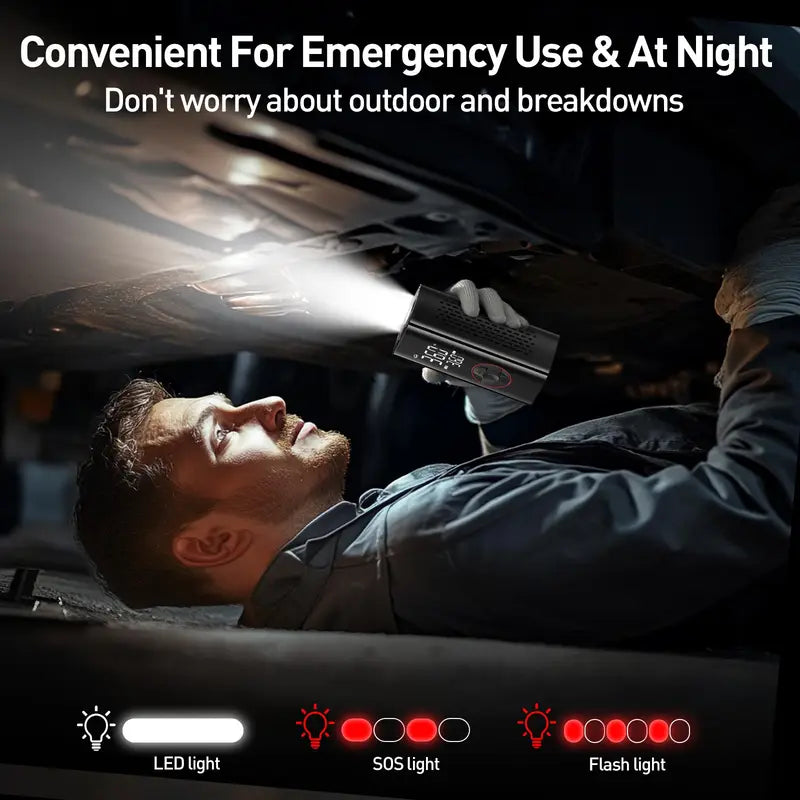 Portable Air Compressor Tire Inflator & Powebank & Torch (All in One)